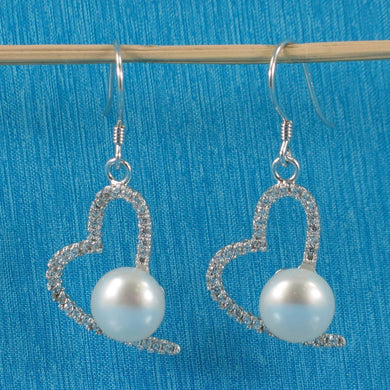 Sterling Silver White Pearl CZ Heart Hook Earrings