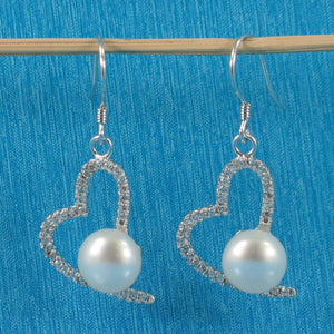 Sterling Silver White Pearl CZ Heart Hook Earrings