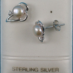 Sterling Silver Cultured Pearl & CZ Stud Earrings (White, Black, Pink)