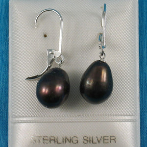Sterling Silver Leverback Black Pearl Dangle Earrings