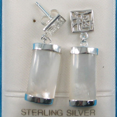 Solid Sterling Silver 925 Good Fortune Mother of Pearl & Jade Dangle Earrings