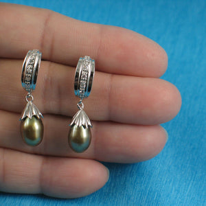 Sterling Silver Olive Pearl & CZ Dangle Earrings
