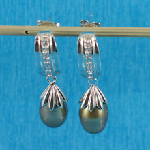 Load image into Gallery viewer, Sterling Silver Olive Pearl &amp; CZ Dangle Earrings