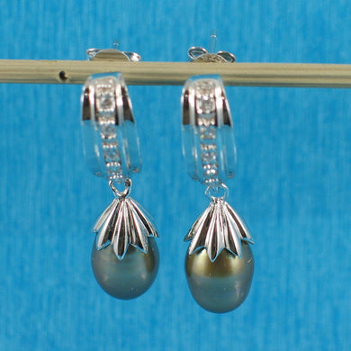 Sterling Silver Olive Pearl & CZ Dangle Earrings