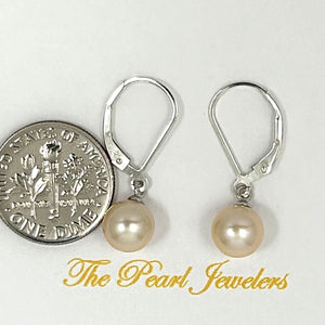 Sterling Silver 7–7.5mm Peach Pearl Leverback Dangle Earrings