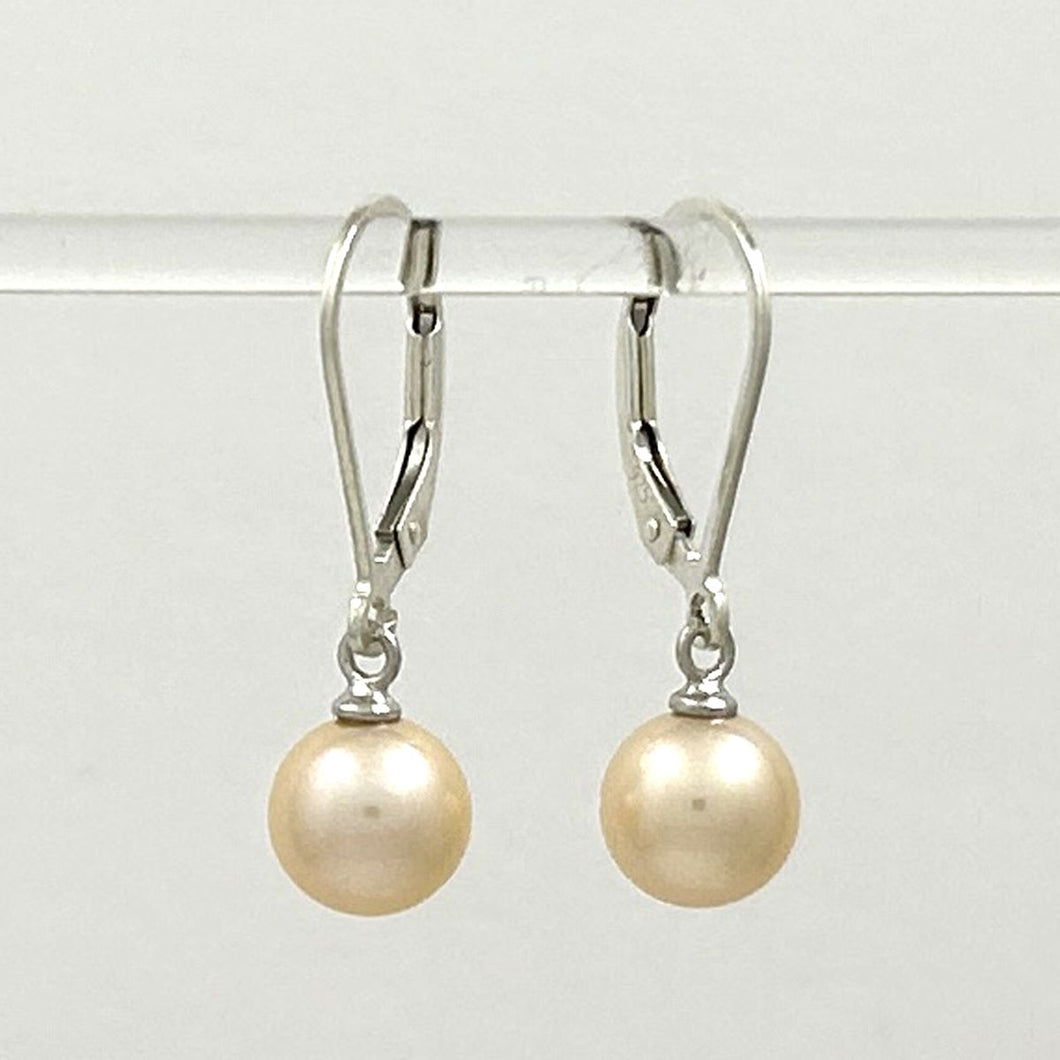 Sterling Silver 7–7.5mm Peach Pearl Leverback Dangle Earrings