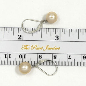Sterling Silver 8–8.5mm Peach Pearl Leverback Dangle Earrings