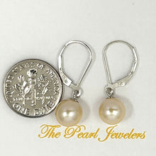 Load image into Gallery viewer, Sterling Silver 8–8.5mm Peach Pearl Leverback Dangle Earrings