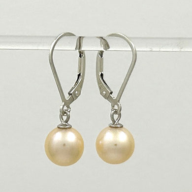 Sterling Silver 8–8.5mm Peach Pearl Leverback Dangle Earrings