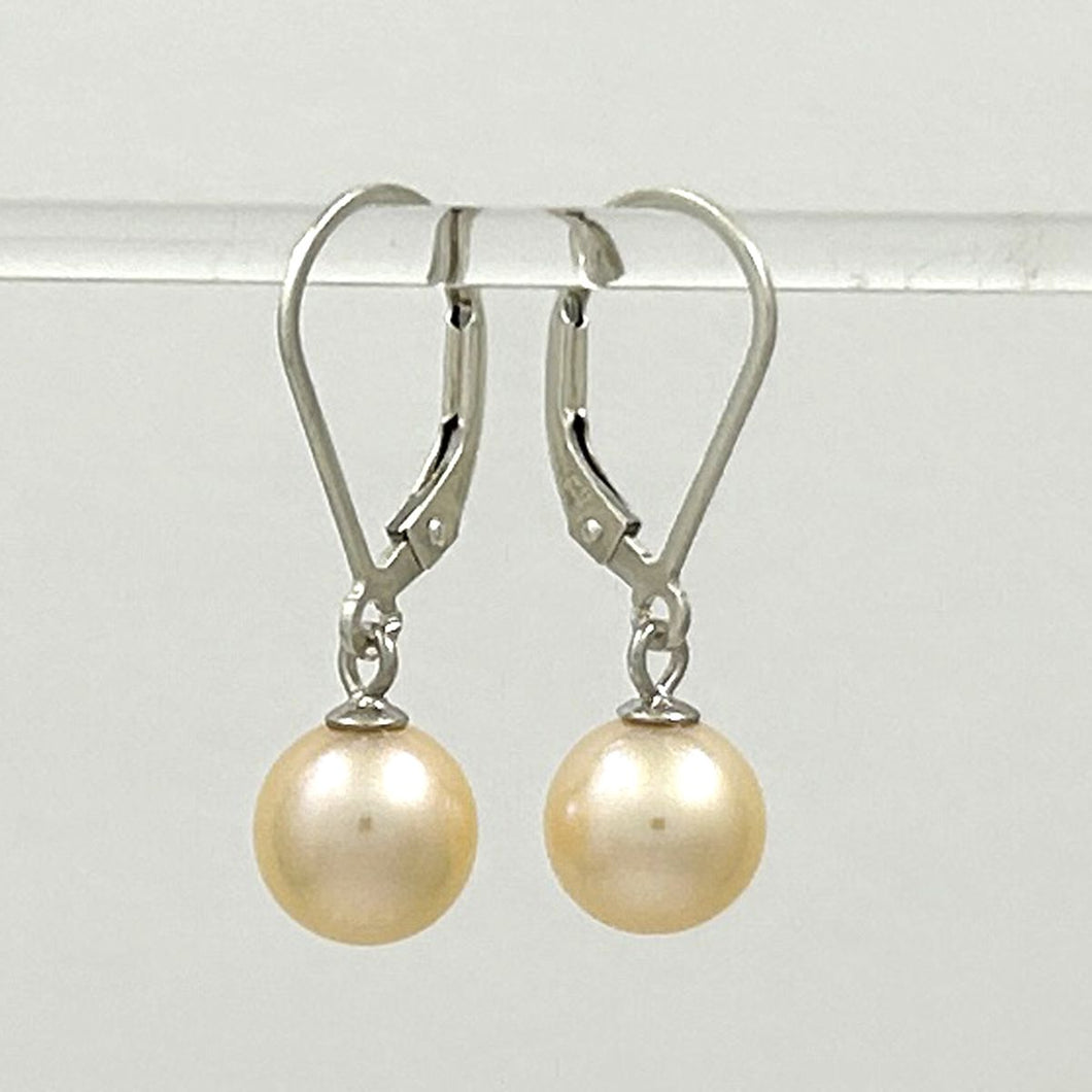 Sterling Silver 8–8.5mm Peach Pearl Leverback Dangle Earrings