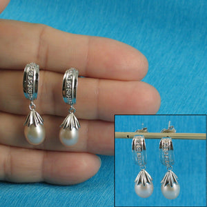 Sterling Silver Pink Pearl & CZ Dangle Earrings