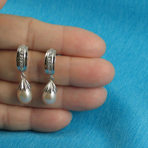 Sterling Silver Pink Pearl & CZ Dangle Earrings