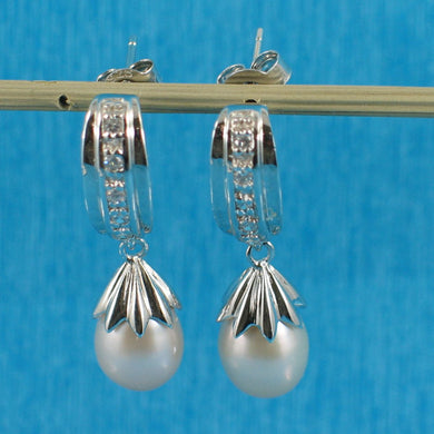 Sterling Silver Pink Pearl & CZ Dangle Earrings