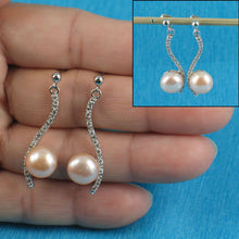 Load image into Gallery viewer, Sterling Silver Pink Pearl &amp; CZ Dangle Stud Earrings