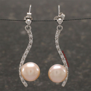Sterling Silver Pearl & CZ Dangle Stud Earrings (White , Black , Pink )