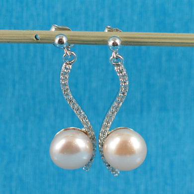 Sterling Silver Pink Pearl & CZ Dangle Stud Earrings