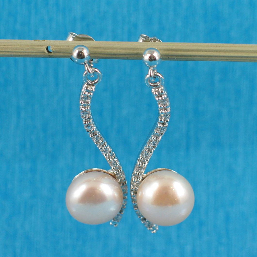 Sterling Silver Pink Pearl & CZ Dangle Stud Earrings