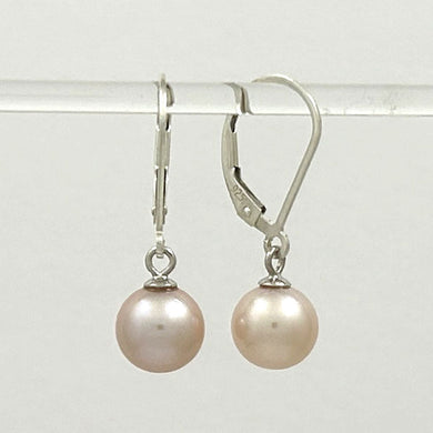 Sterling Silver 8–8.5mm Pink Pearl Leverback Dangle Earrings