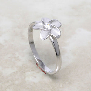 Sterling Silver Plumeria Flower Ring with Cubic Zirconia (10mm)