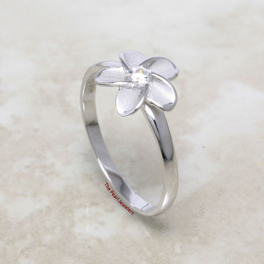 Sterling Silver Plumeria Flower Ring with Cubic Zirconia (10mm)