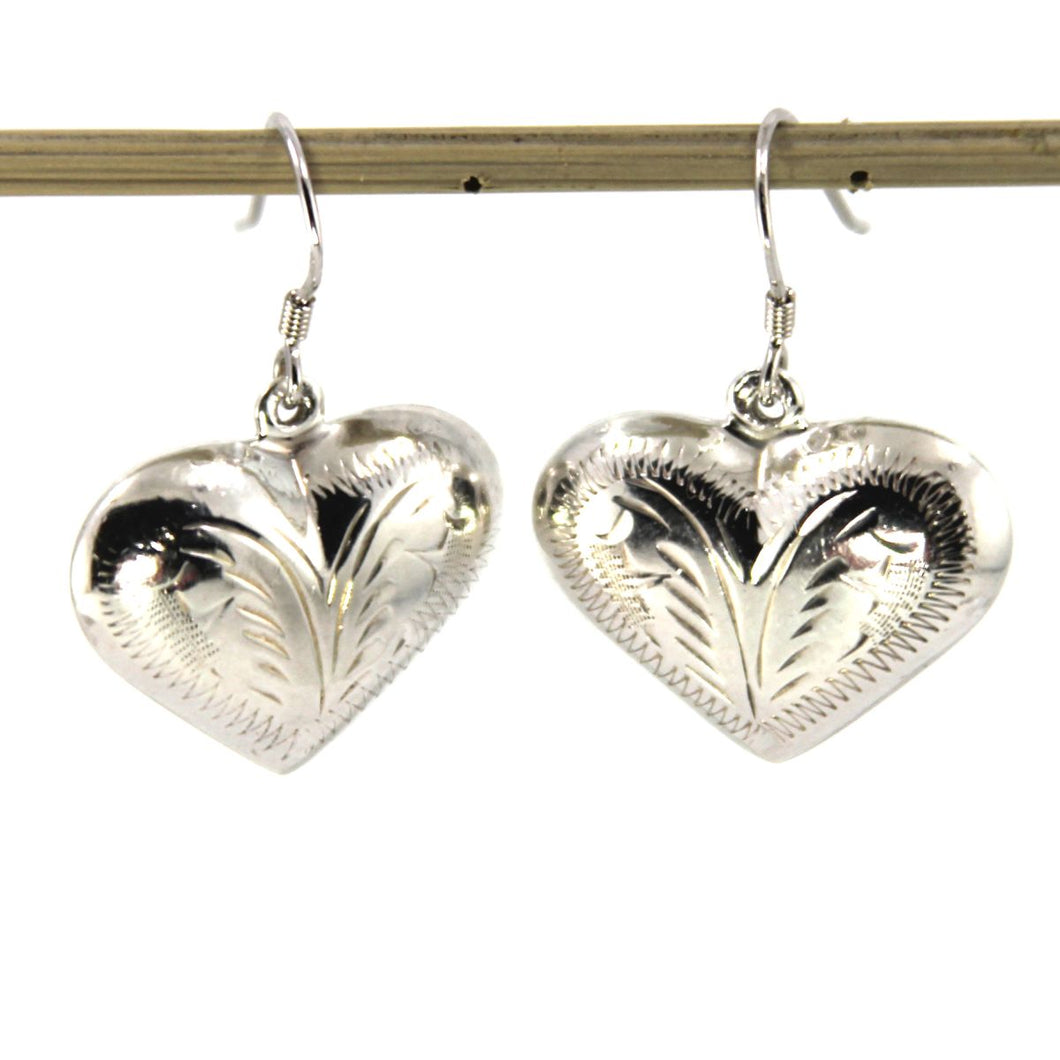 Sterling Silver Chased Puffy Heart Dangle Earrings