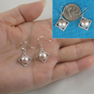 Sterling Silver Lavender Pearl CZ Rhombus Hook Earrings