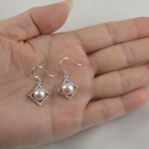 Sterling Silver Lavender Pearl CZ Rhombus Hook Earrings
