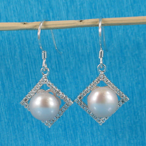 Sterling Silver Lavender Pearl CZ Rhombus Hook Earrings
