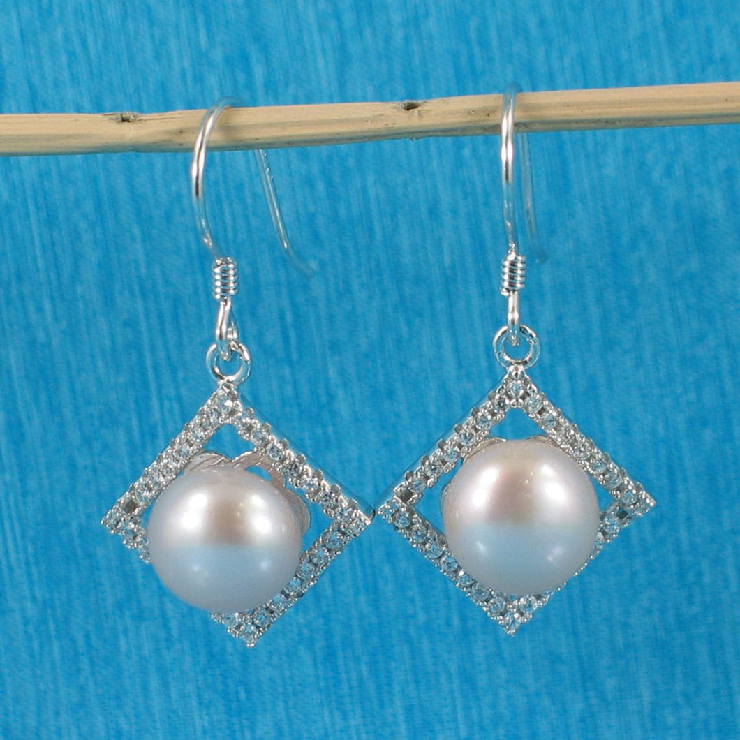 Sterling Silver Lavender Pearl CZ Rhombus Hook Earrings