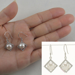 Sterling Silver White Pearl CZ Rhombus Hook Earrings