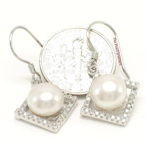 Sterling Silver White Pearl CZ Rhombus Hook Earrings