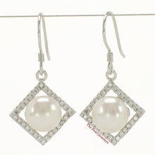 Load image into Gallery viewer, Sterling Silver White Pearl CZ Rhombus Hook Earrings