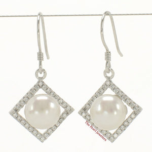 Sterling Silver White Pearl CZ Rhombus Hook Earrings