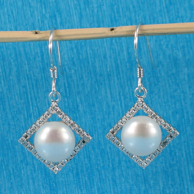 Sterling Silver White Pearl CZ Rhombus Hook Earrings