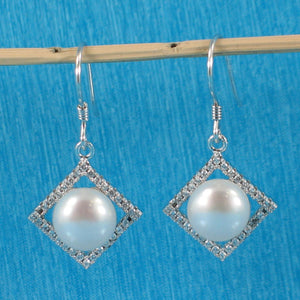 Sterling Silver White Pearl CZ Rhombus Hook Earrings
