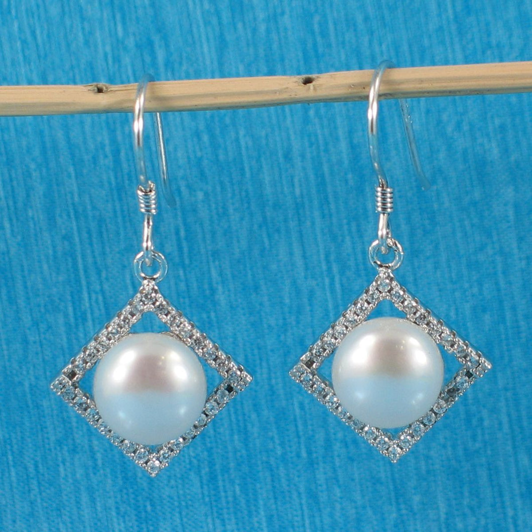 Sterling Silver White Pearl CZ Rhombus Hook Earrings