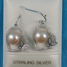 Load image into Gallery viewer, Sterling Silver Pink Pearl CZ Butterfly Heart Earrings