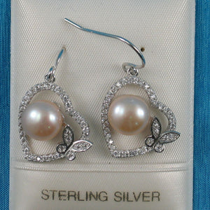Sterling Silver Pink Pearl CZ Butterfly Heart Earrings