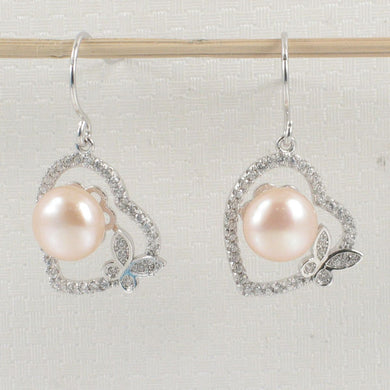 Sterling Silver Pink Pearl CZ Butterfly Heart Earrings