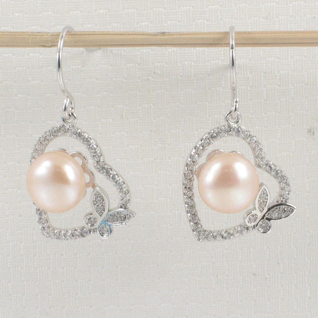 Sterling Silver Pink Pearl CZ Butterfly Heart Earrings
