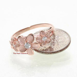 Sterling Silver Triple Plumeria Ring with White Cubic Zirconia (Rose Gold Plated)