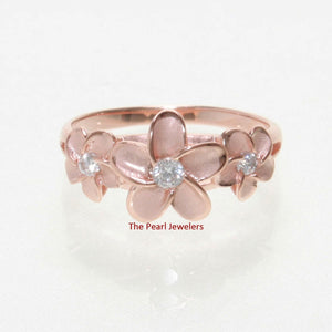 Sterling Silver Triple Plumeria Ring with White Cubic Zirconia (Rose Gold Plated)