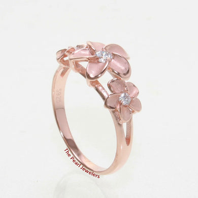 Sterling Silver Triple Plumeria Ring with White Cubic Zirconia (Rose Gold Plated)