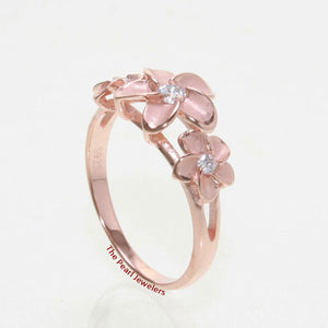 Sterling Silver Triple Plumeria Ring with White Cubic Zirconia (Rose Gold Plated)