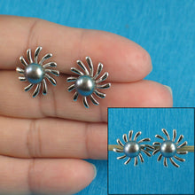 Load image into Gallery viewer, Sterling Silver Sunburst Black Pearl Stud Earrings