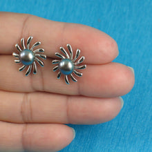 Load image into Gallery viewer, Sterling Silver Sunburst Black Pearl Stud Earrings