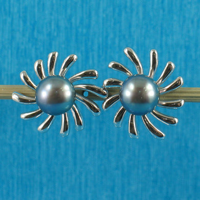 Sterling Silver Sunburst Black Pearl Stud Earrings