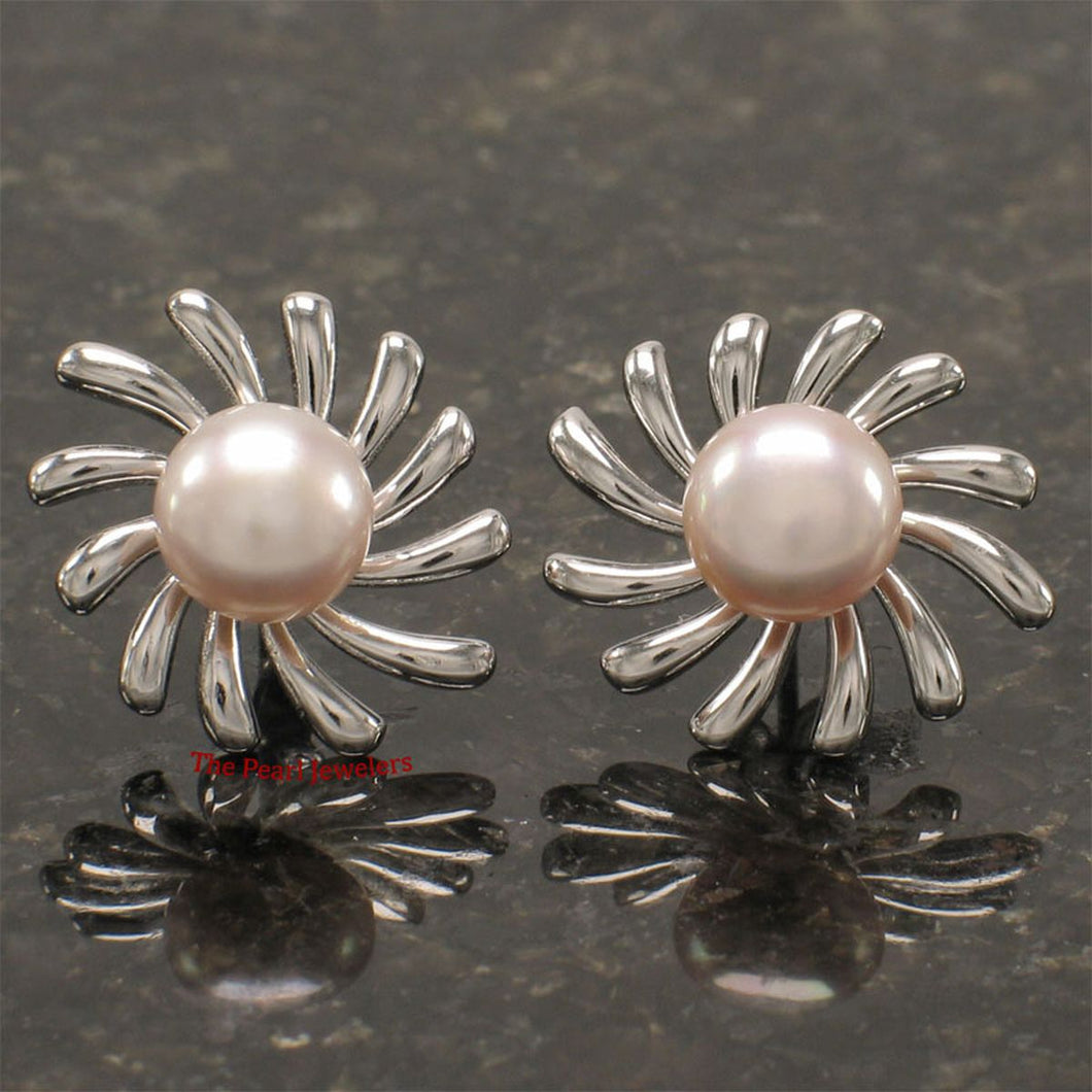Sterling Silver Sunburst Pink Pearl Stud Earrings