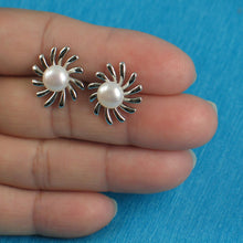 Load image into Gallery viewer, Sterling Silver Sunburst White Pearl Stud Earrings