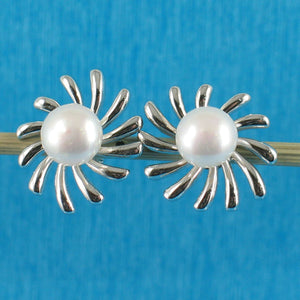 Sterling Silver Sunburst White Pearl Stud Earrings